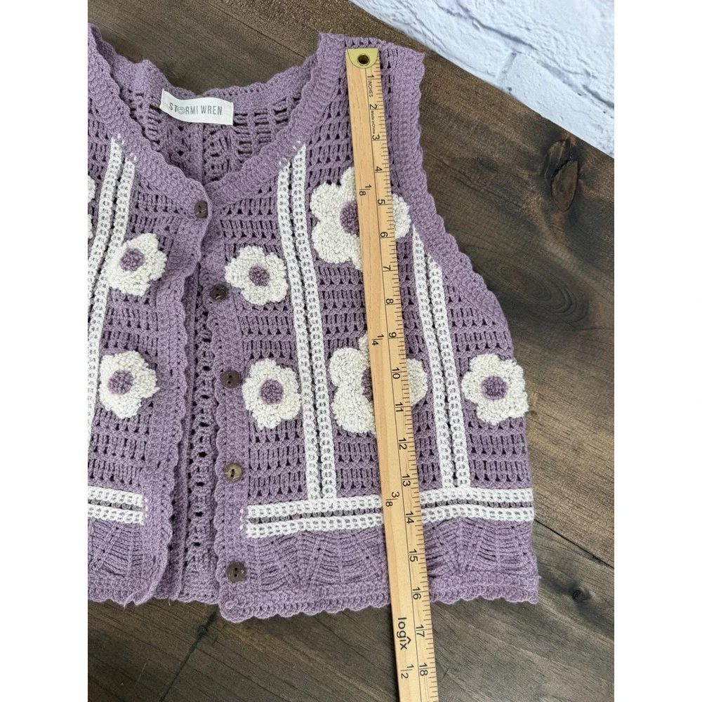 Stormi Wren Crochet Floral Sweater Vest Lavender Boho Cottagecore Button Front S